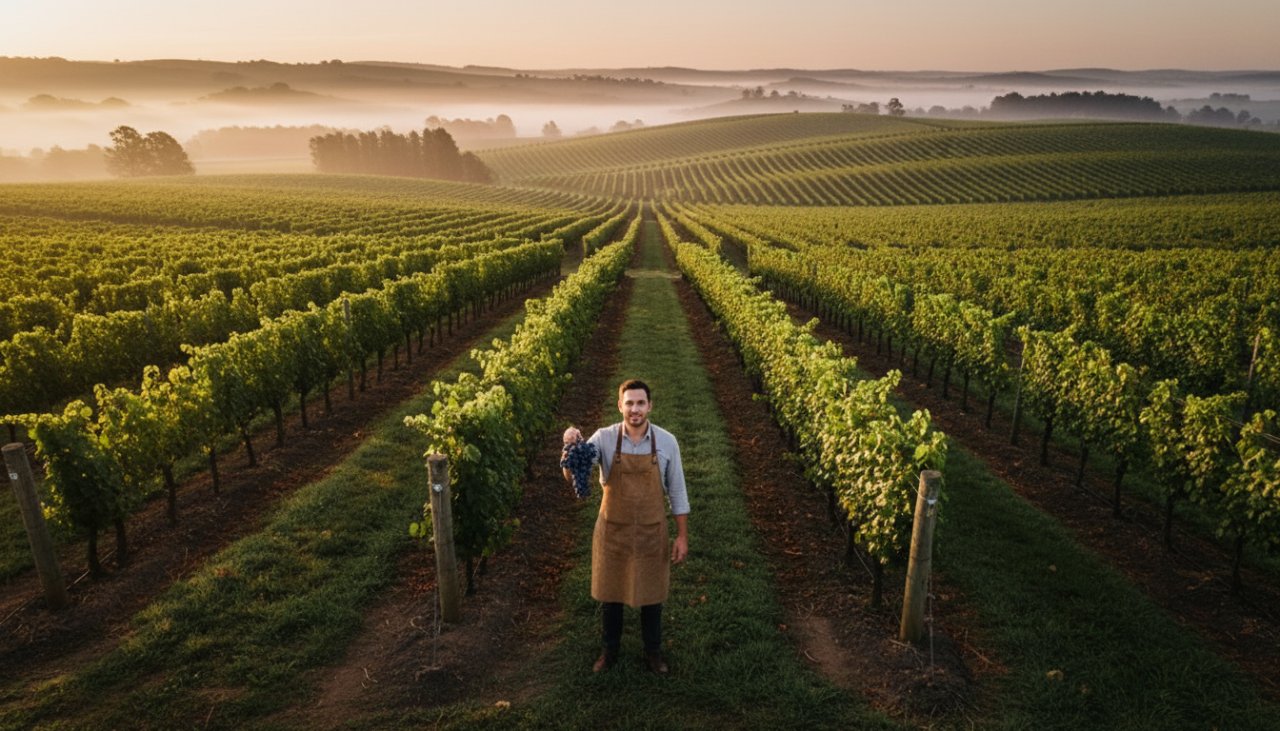 An 'epic moment' aerial shot showcasing a Coldstream winery's expansive vineyards at sunrise, with a winemaker in the foreground inspecting grapes, embodying Coldstream winery commercial photography vibrant brand storytelling.