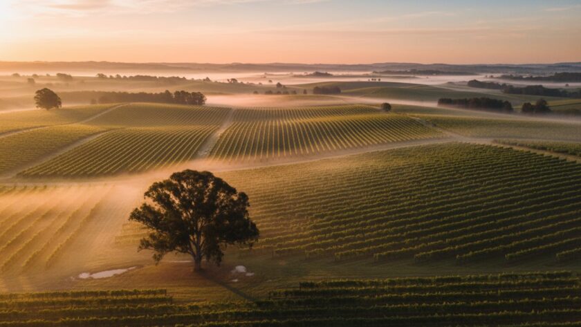 An epic drone photograph showcasing a sunrise over a Coldstream winery, with mist rising from the Yarra Valley vineyards, perfectly capturing the breathtaking Coldstream winery drone photography for stunning landscape views.