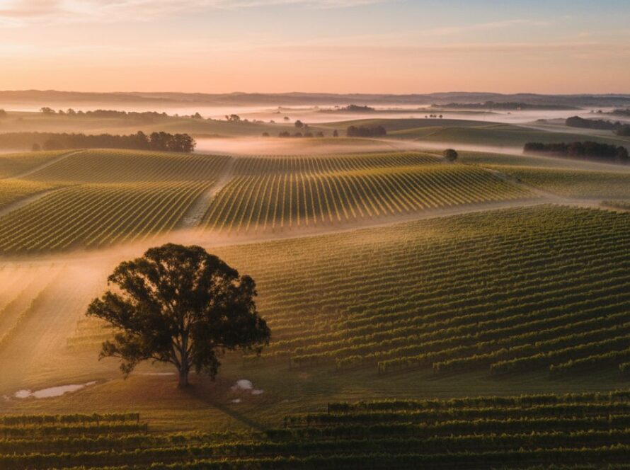 An epic drone photograph showcasing a sunrise over a Coldstream winery, with mist rising from the Yarra Valley vineyards, perfectly capturing the breathtaking Coldstream winery drone photography for stunning landscape views.