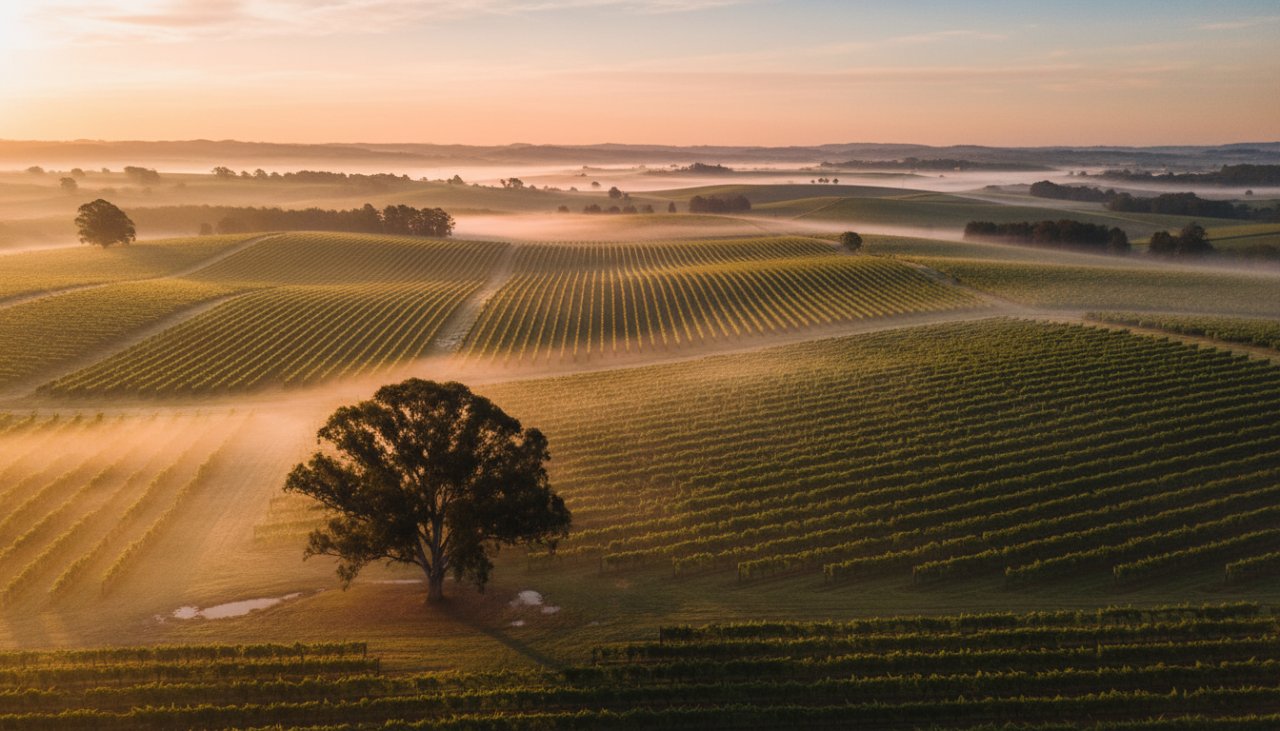 An epic drone photograph showcasing a sunrise over a Coldstream winery, with mist rising from the Yarra Valley vineyards, perfectly capturing the breathtaking Coldstream winery drone photography for stunning landscape views.