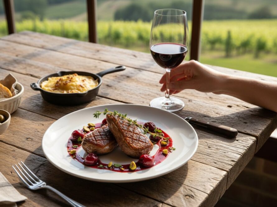 An epic moment of a perfectly plated gourmet dish, artfully lit amidst the rustic elegance of a Coldstream winery, captured by a Coldstream Winery Food Photography Expert, showcasing the vibrant colours and textures of local Yarra Valley produce.