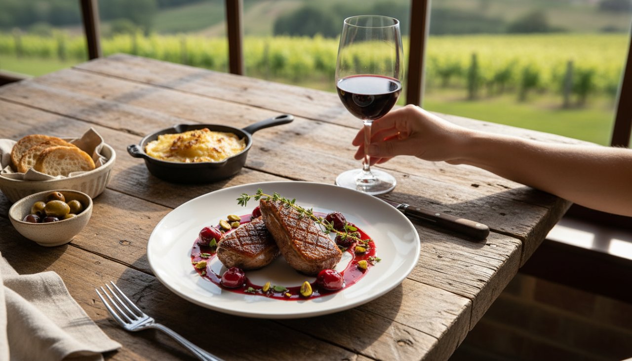 An epic moment of a perfectly plated gourmet dish, artfully lit amidst the rustic elegance of a Coldstream winery, captured by a Coldstream Winery Food Photography Expert, showcasing the vibrant colours and textures of local Yarra Valley produce.