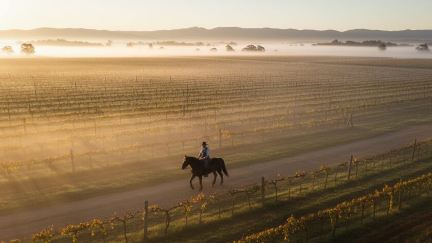 Compelling Chum Creek Editorial Photography Stories: An aerial shot captures a local winemaker on horseback, traversing a misty vineyard at dawn in Chum Creek, Victoria, conveying the essence of tradition and land against the softly lit Dandenong Ranges.