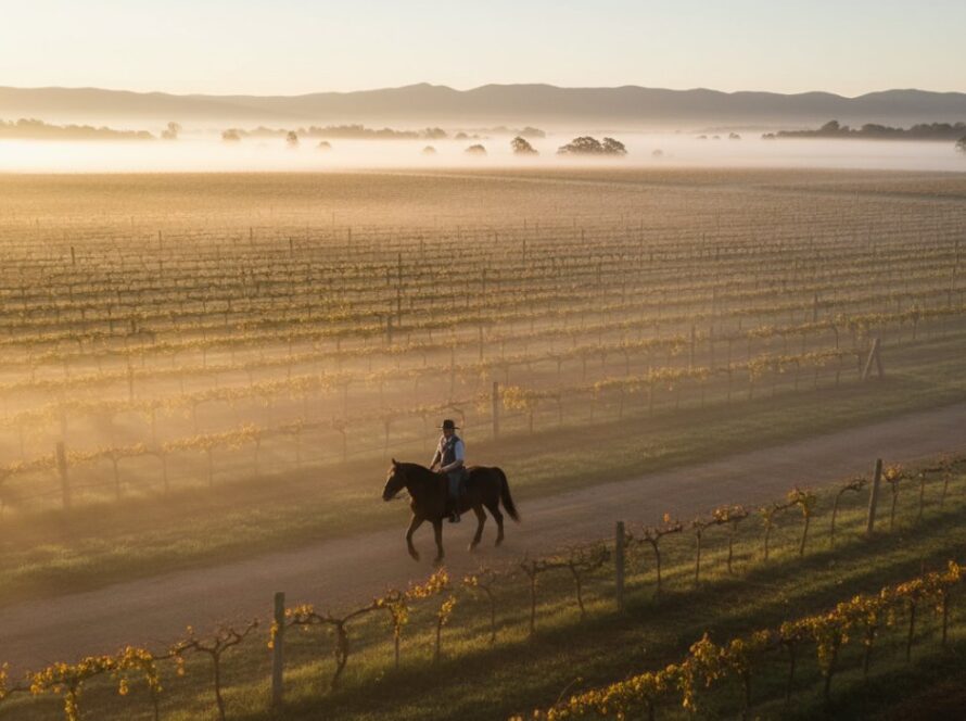 Compelling Chum Creek Editorial Photography Stories: An aerial shot captures a local winemaker on horseback, traversing a misty vineyard at dawn in Chum Creek, Victoria, conveying the essence of tradition and land against the softly lit Dandenong Ranges.