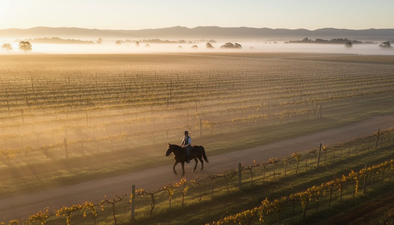 Compelling Chum Creek Editorial Photography Stories: An aerial shot captures a local winemaker on horseback, traversing a misty vineyard at dawn in Chum Creek, Victoria, conveying the essence of tradition and land against the softly lit Dandenong Ranges.