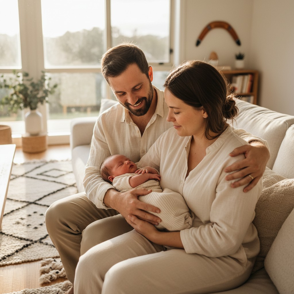 A tender, realistic high-quality photograph of new parents, dressed in soft, neutral tones, gently holding their swaddled newborn in a beautifully lit, cozy Australian home living room, filled with natural light from a large window. The focus is on the emotional connection and tiny details of the baby, with subtle hints of Australian lifestyle decor.