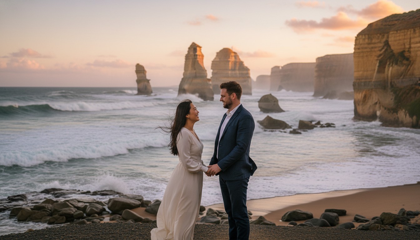 Generate a realistic, high-quality photograph for an in-article image illustrating diverse photography locations in Victoria. The image should depict a diverse couple sharing a tender moment on the dramatic coastline of the Great Ocean Road, specifically near the Twelve Apostles, with powerful ocean waves and towering cliffs in the background, captured during either sunrise or sunset to emphasize natural light and scenic beauty. Reference a hypothetical professional pre-wedding photography sample image for style, mood, and to maintain consistency with any people featured. Avoid adding any text to the image. Do not use a transparent background.