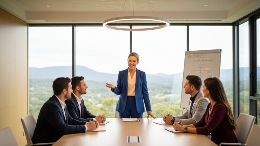 A confident executive from Sassafras, Victoria, mid-conversation in a sunlit modern office, conveying leadership and approachability. This image embodies the essence of Crafting Professional Corporate Headshots Sassafras Victoria, showcasing dynamic interaction in a refined setting.