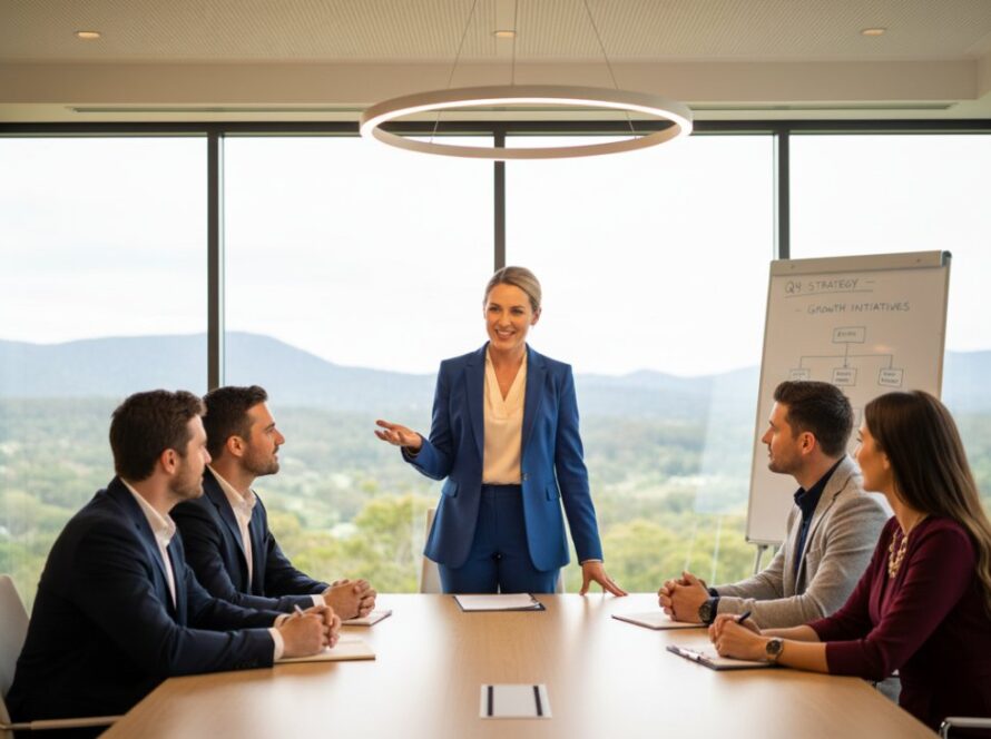 A confident executive from Sassafras, Victoria, mid-conversation in a sunlit modern office, conveying leadership and approachability. This image embodies the essence of Crafting Professional Corporate Headshots Sassafras Victoria, showcasing dynamic interaction in a refined setting.