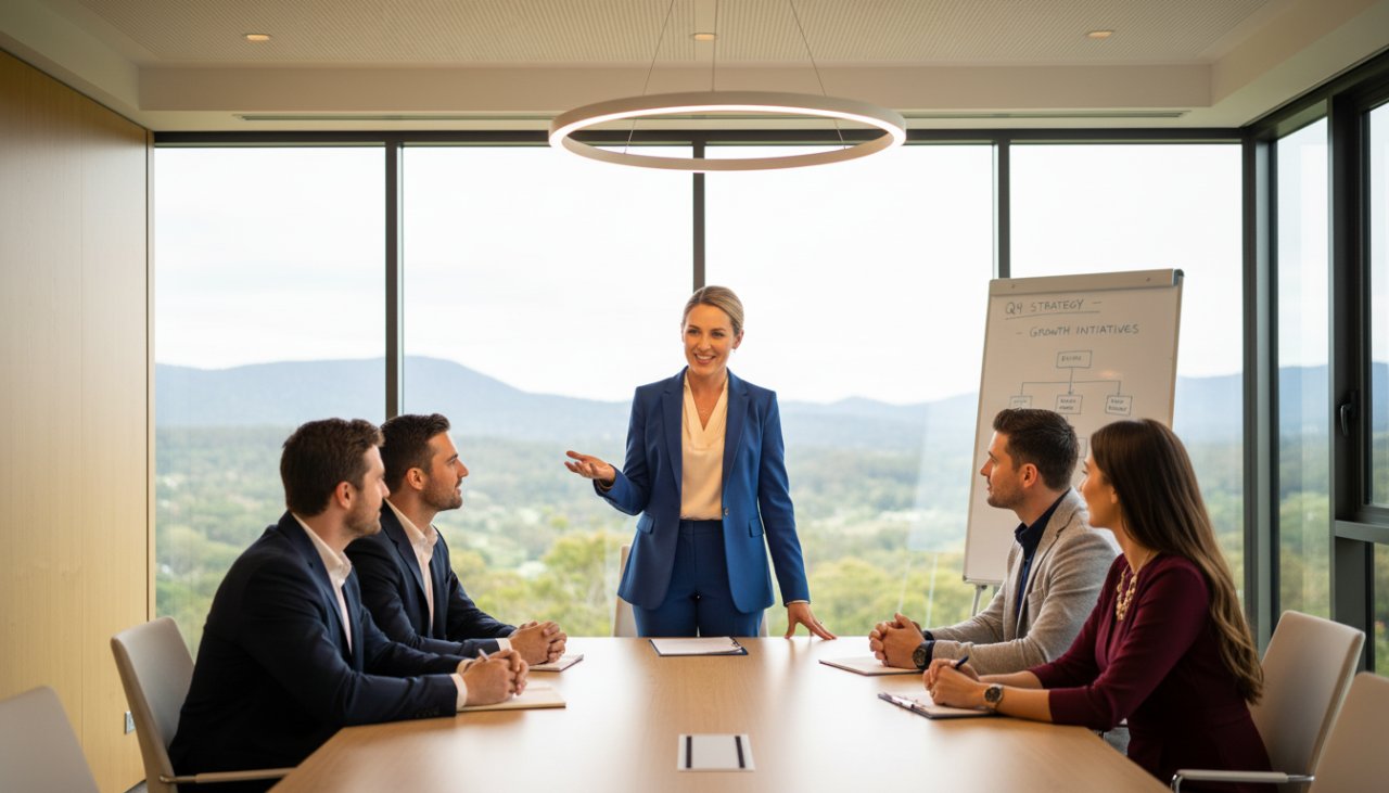 A confident executive from Sassafras, Victoria, mid-conversation in a sunlit modern office, conveying leadership and approachability. This image embodies the essence of Crafting Professional Corporate Headshots Sassafras Victoria, showcasing dynamic interaction in a refined setting.