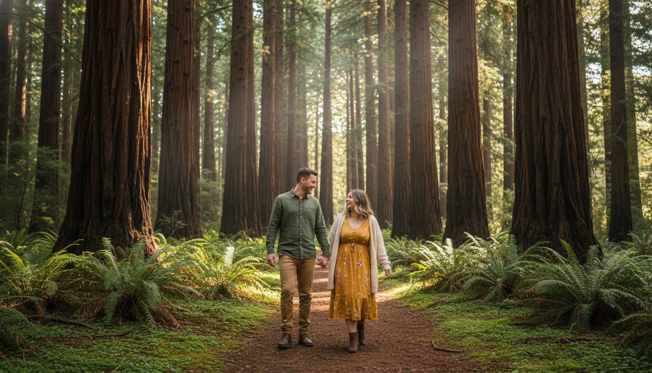 A realistic, high-quality photograph of a couple playfully walking hand-in-hand through a sun-dappled redwood forest in Warburton, Dandenong Ranges, Victoria. Tall, majestic trees create a natural cathedral effect. Soft, ethereal light filters through the canopy. The couple is dressed in smart-casual, earthy-toned outfits, conveying a sense of enchantment and romantic intimacy amidst nature. No text.