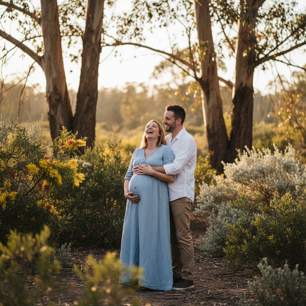 A realistic, high-quality photograph of a pregnant couple laughing joyfully during a casual outdoor photoshoot in a sun-dappled Australian bushland setting, perhaps with gum trees and native flora in the background. The focus is on natural interaction and love, shot with a shallow depth of field. No text.