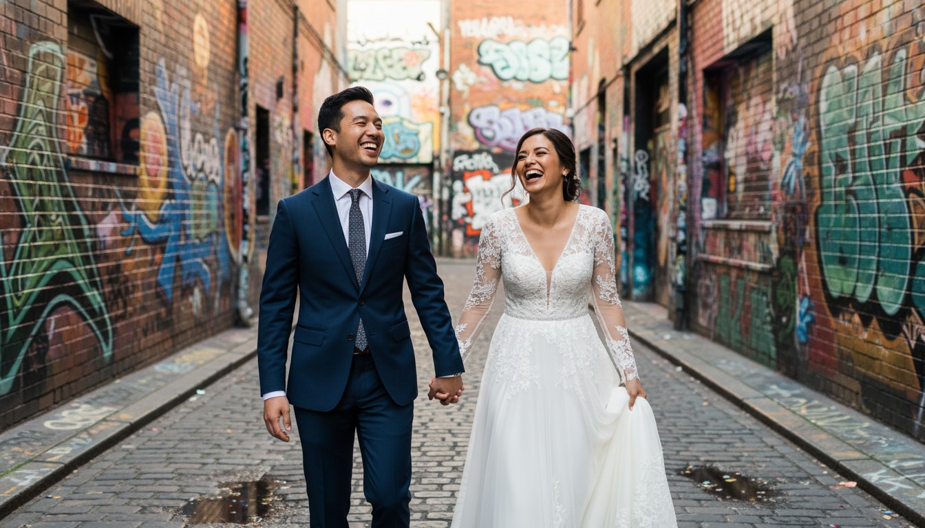 A candid, high-end wedding photo of a diverse couple bursting into laughter while walking hand-in-hand down a vibrant, graffiti-adorned Fitzroy laneway in Melbourne, their backs slightly to the camera, capturing genuine emotion and movement. The urban backdrop provides a chic, modern Melbourne aesthetic with soft, natural light. The style is romantic and high-end. No text on the image.