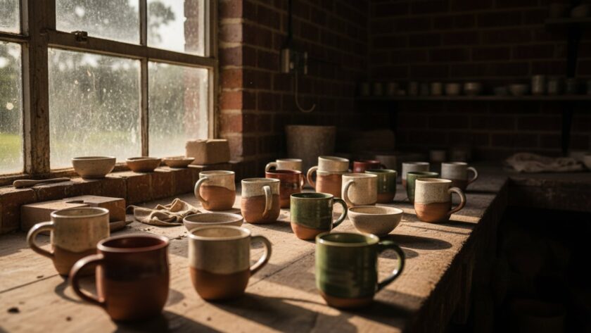 Dynamic wide-angle shot capturing meticulously arranged artisanal ceramics from Crib Point, illuminated by dramatic golden hour light filtering through a rustic workshop window, showcasing the premium Crib Point artisan product photography services.