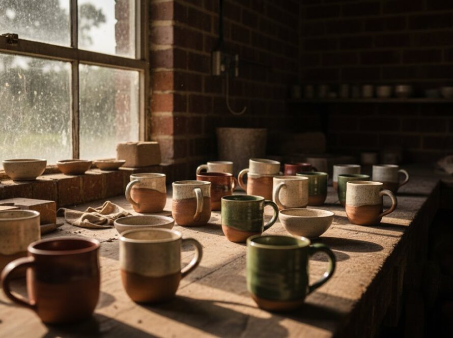Dynamic wide-angle shot capturing meticulously arranged artisanal ceramics from Crib Point, illuminated by dramatic golden hour light filtering through a rustic workshop window, showcasing the premium Crib Point artisan product photography services.