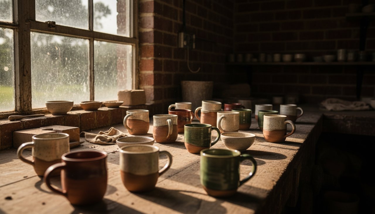 Dynamic wide-angle shot capturing meticulously arranged artisanal ceramics from Crib Point, illuminated by dramatic golden hour light filtering through a rustic workshop window, showcasing the premium Crib Point artisan product photography services.