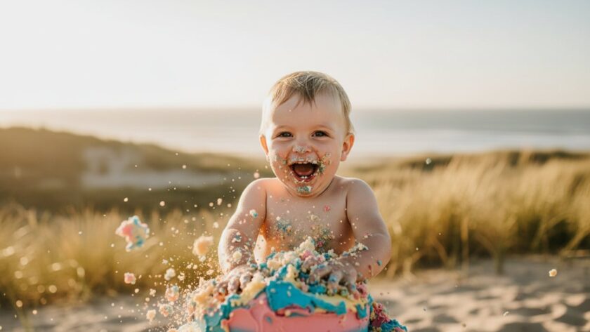 An epic moment captured in Crib Point Cake Smash Photography memorable first birthday session, featuring a delighted toddler covered in cake, surrounded by soft morning light, creating a joyful and vibrant scene.