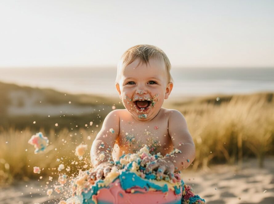 An epic moment captured in Crib Point Cake Smash Photography memorable first birthday session, featuring a delighted toddler covered in cake, surrounded by soft morning light, creating a joyful and vibrant scene.