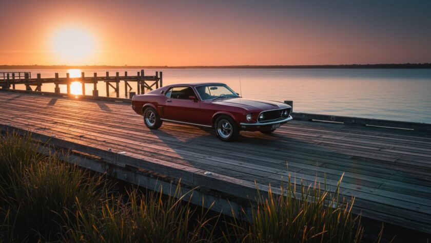 Dramatic Crib Point Classic Car Photography Victoria featuring a gleaming vintage Ford Mustang parked at sunset near the historic Crib Point jetty, with a lens flare catching its chrome, embodying an epic moment of automotive elegance.