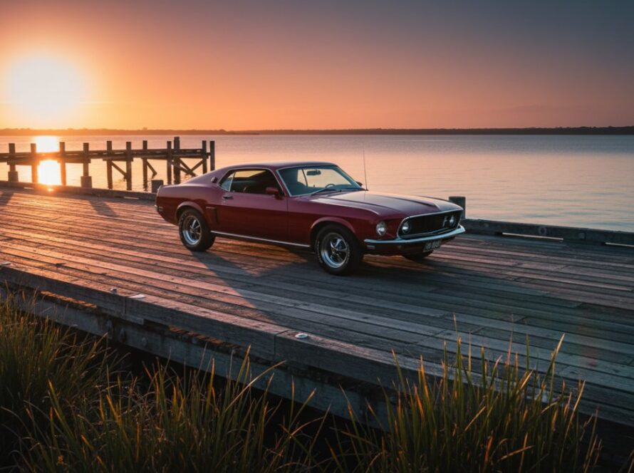 Dramatic Crib Point Classic Car Photography Victoria featuring a gleaming vintage Ford Mustang parked at sunset near the historic Crib Point jetty, with a lens flare catching its chrome, embodying an epic moment of automotive elegance.