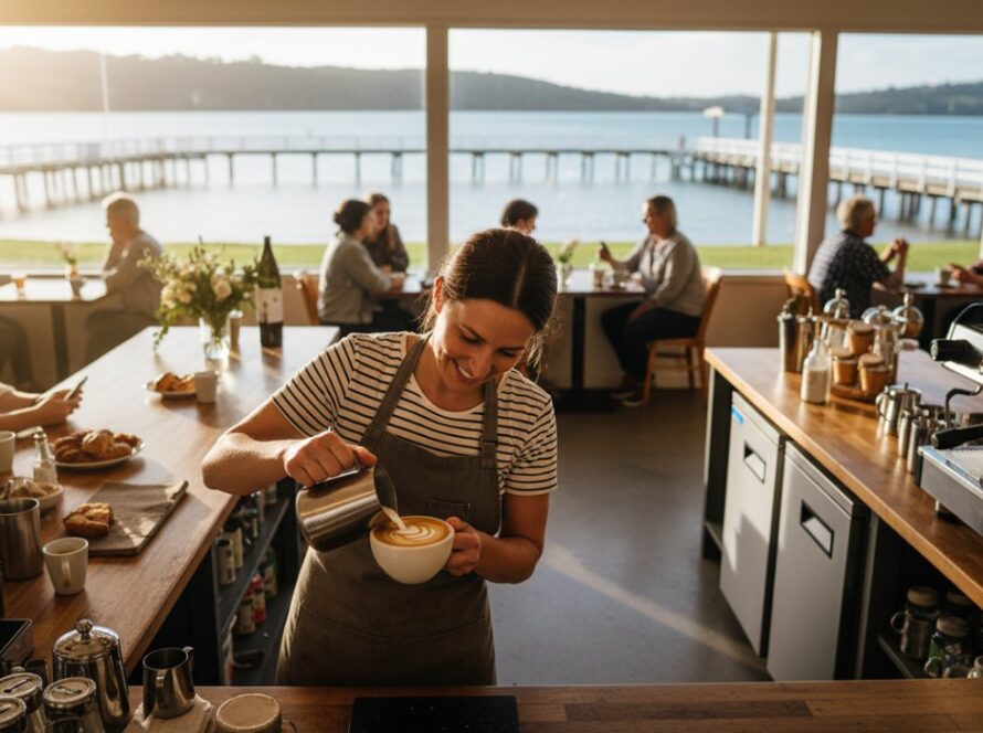 A vibrant, high-angle wide shot showcasing Crib Point Commercial Photography: Elevate Your Local Brand, featuring a bustling local cafe owner proudly serving coffee to customers on a sunny morning, with the Crib Point jetty visible in the background, exuding professional warmth and community spirit.