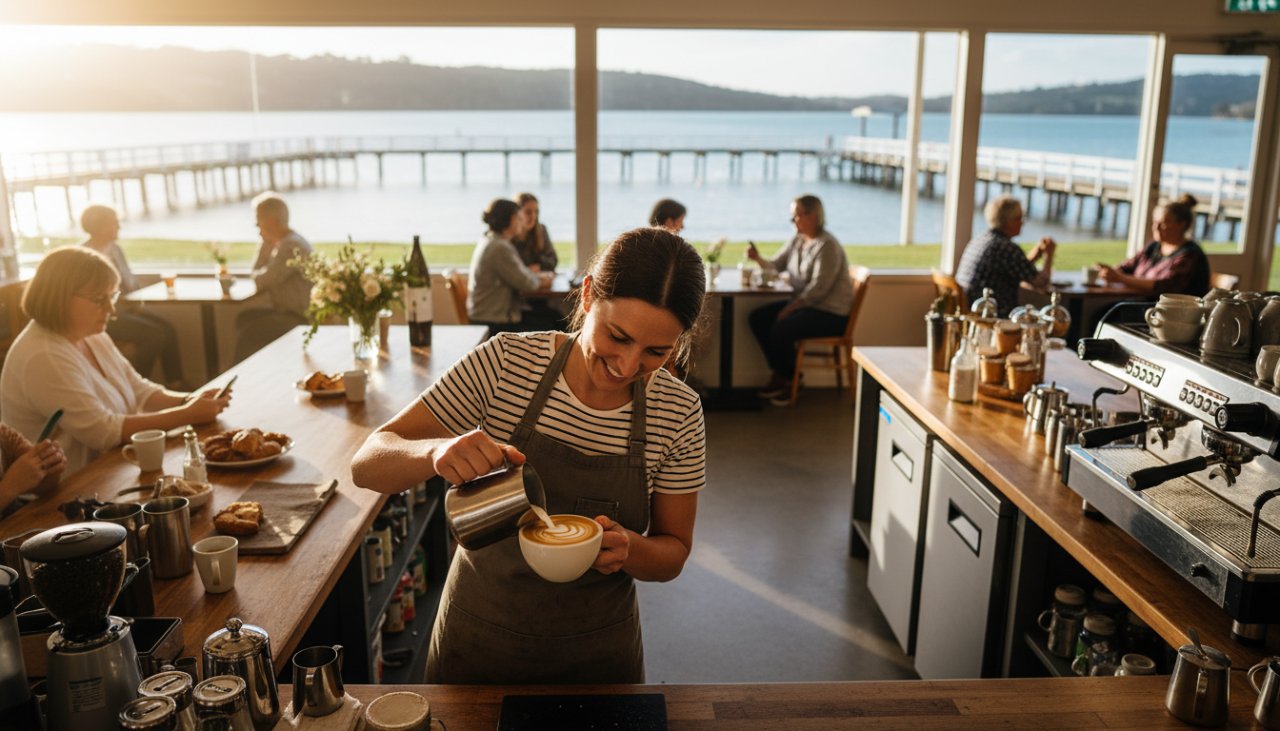A vibrant, high-angle wide shot showcasing Crib Point Commercial Photography: Elevate Your Local Brand, featuring a bustling local cafe owner proudly serving coffee to customers on a sunny morning, with the Crib Point jetty visible in the background, exuding professional warmth and community spirit.