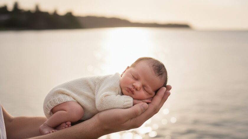 A serene overhead shot showcasing Crib Point gentle newborn photography sessions, with a peacefully sleeping baby nestled in a soft, natural wool wrap on a rustic wooden prop, bathed in warm, ethereal light from a large window overlooking the Crib Point jetty at sunrise, evoking a sense of tender new beginnings and pure love.
