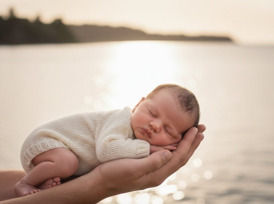A serene overhead shot showcasing Crib Point gentle newborn photography sessions, with a peacefully sleeping baby nestled in a soft, natural wool wrap on a rustic wooden prop, bathed in warm, ethereal light from a large window overlooking the Crib Point jetty at sunrise, evoking a sense of tender new beginnings and pure love.