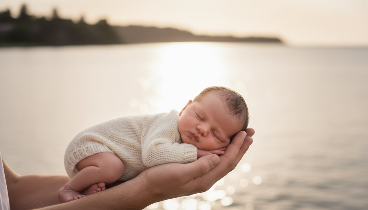 A serene overhead shot showcasing Crib Point gentle newborn photography sessions, with a peacefully sleeping baby nestled in a soft, natural wool wrap on a rustic wooden prop, bathed in warm, ethereal light from a large window overlooking the Crib Point jetty at sunrise, evoking a sense of tender new beginnings and pure love.