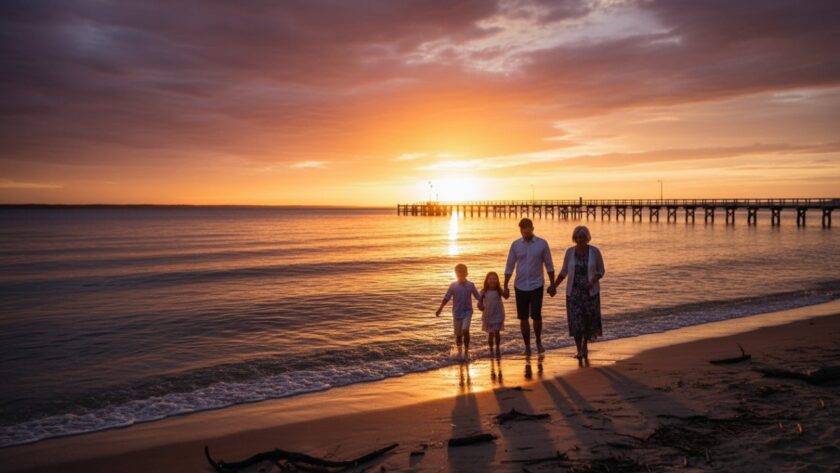 An epic, heartwarming moment captured in Crib Point natural family photos Mornington Peninsula, showing a family laughing joyfully as they walk along the beach at sunset, silhouetted against a vibrant, fiery sky, the ocean gently lapping at their feet.