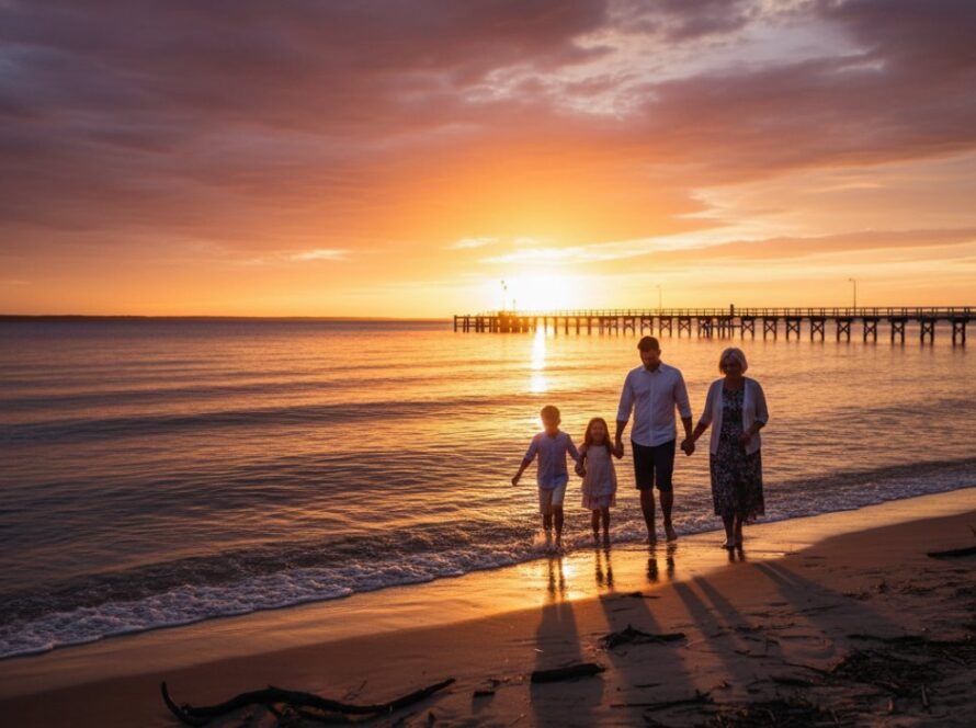 An epic, heartwarming moment captured in Crib Point natural family photos Mornington Peninsula, showing a family laughing joyfully as they walk along the beach at sunset, silhouetted against a vibrant, fiery sky, the ocean gently lapping at their feet.