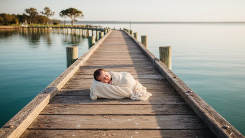 An ethereal Crib Point natural light baby photography moment, featuring a sleeping newborn wrapped in soft linen, cradled gently by a parent's hands on the sandy shore of Crib Point at sunrise, with the calm Western Port Bay in the background and soft golden light illuminating the scene, capturing an intimate, tender bond.