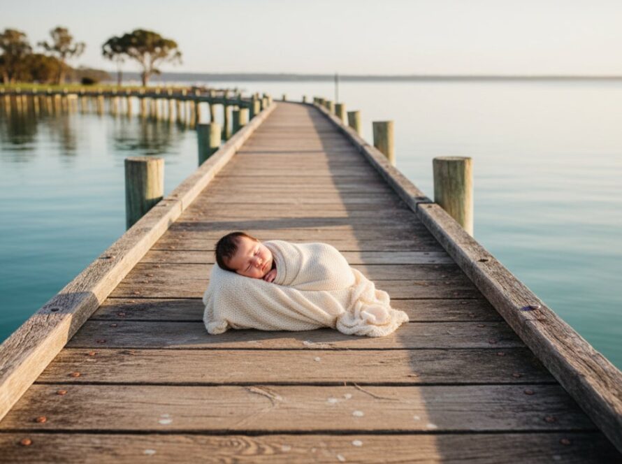 An ethereal Crib Point natural light baby photography moment, featuring a sleeping newborn wrapped in soft linen, cradled gently by a parent's hands on the sandy shore of Crib Point at sunrise, with the calm Western Port Bay in the background and soft golden light illuminating the scene, capturing an intimate, tender bond.