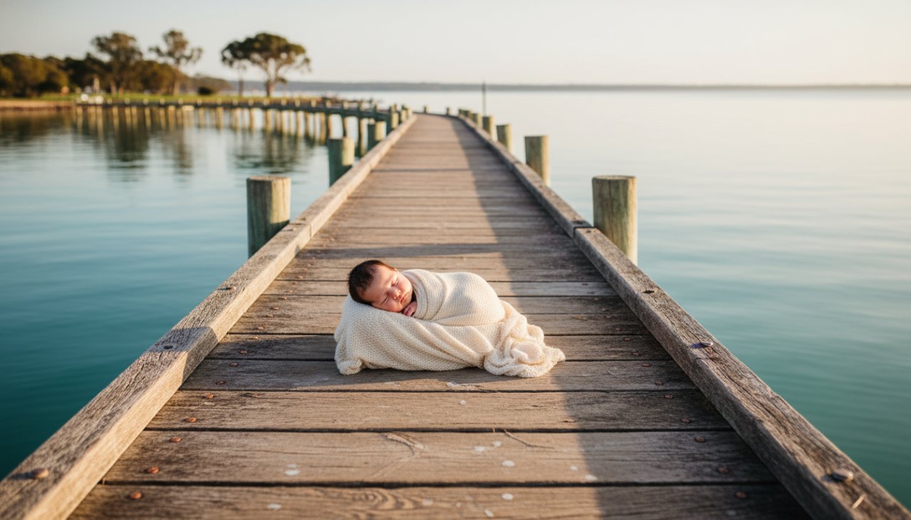 An ethereal Crib Point natural light baby photography moment, featuring a sleeping newborn wrapped in soft linen, cradled gently by a parent's hands on the sandy shore of Crib Point at sunrise, with the calm Western Port Bay in the background and soft golden light illuminating the scene, capturing an intimate, tender bond.