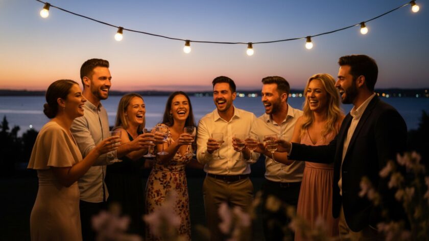 Epic moment captured during Crib Point party photography capturing coastal celebrations, showing guests laughing under string lights by the water's edge, professionally lit and colour-graded.