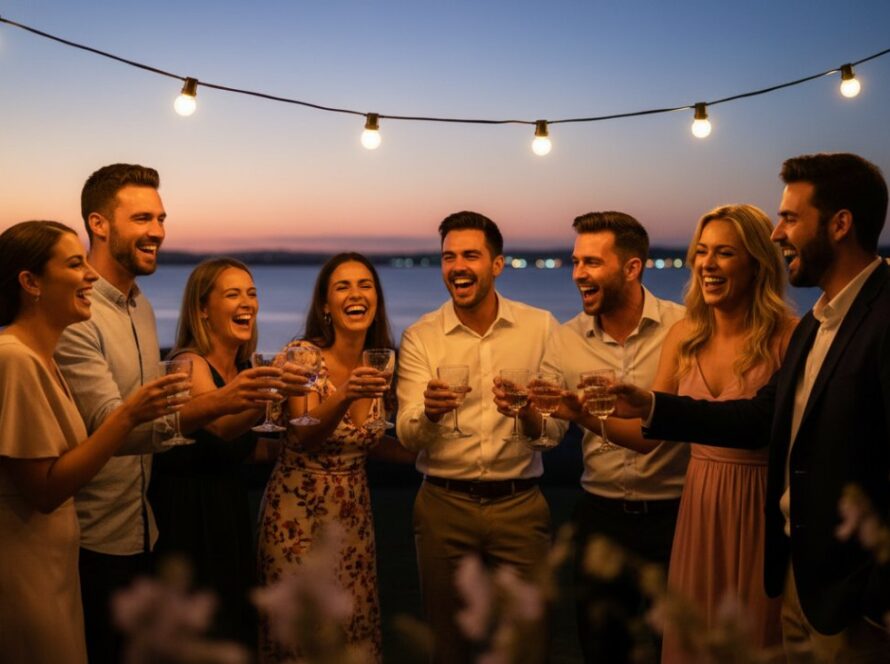 Epic moment captured during Crib Point party photography capturing coastal celebrations, showing guests laughing under string lights by the water's edge, professionally lit and colour-graded.