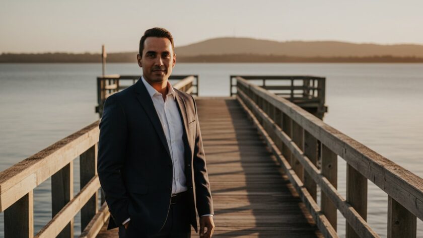 An inspiring, dramatically lit "epic moment" portrait of a confident professional in Crib Point, Victoria, featuring the individual against the backdrop of the tranquil Western Port Bay at golden hour, capturing Crib Point professional portraits that command attention with a sense of calm power and ambition.