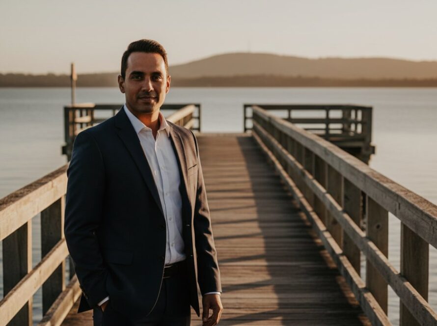 An inspiring, dramatically lit "epic moment" portrait of a confident professional in Crib Point, Victoria, featuring the individual against the backdrop of the tranquil Western Port Bay at golden hour, capturing Crib Point professional portraits that command attention with a sense of calm power and ambition.
