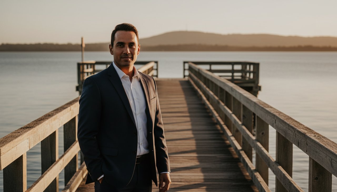 An inspiring, dramatically lit "epic moment" portrait of a confident professional in Crib Point, Victoria, featuring the individual against the backdrop of the tranquil Western Port Bay at golden hour, capturing Crib Point professional portraits that command attention with a sense of calm power and ambition.