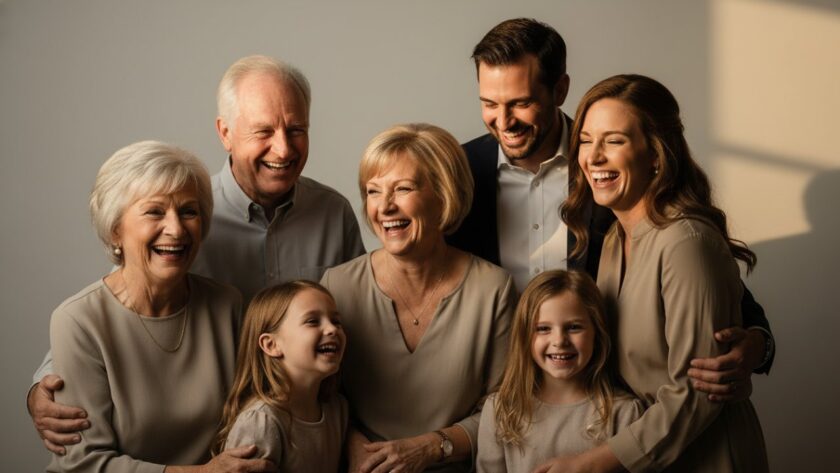 A heartwarming, epic moment captured in Crib Point professional studio photography for families, featuring a family of four embracing in soft, dramatic lighting, conveying deep connection and joy, professionally colour-graded.