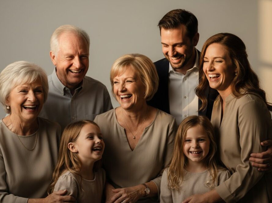 A heartwarming, epic moment captured in Crib Point professional studio photography for families, featuring a family of four embracing in soft, dramatic lighting, conveying deep connection and joy, professionally colour-graded.