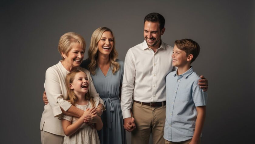 An emotionally resonant, cinematic photograph capturing a multi-generational family portrait session, showcasing the elegant and warm atmosphere of Dixons Creek bespoke studio portraits Victoria, with beautiful natural light illuminating their genuine smiles and connections.