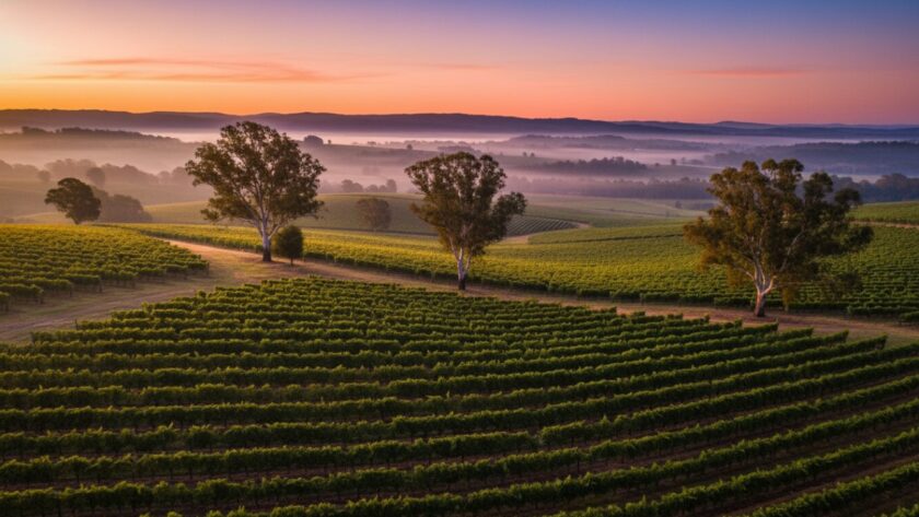 An epic panoramic drone photograph showcasing a vibrant Dixons Creek vineyard at sunrise, with golden light illuminating rows of grapevines leading towards rolling hills, captured through professional Dixons Creek drone vineyard photography.