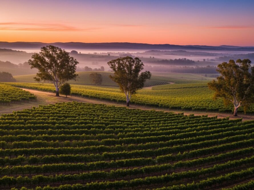 An epic panoramic drone photograph showcasing a vibrant Dixons Creek vineyard at sunrise, with golden light illuminating rows of grapevines leading towards rolling hills, captured through professional Dixons Creek drone vineyard photography.