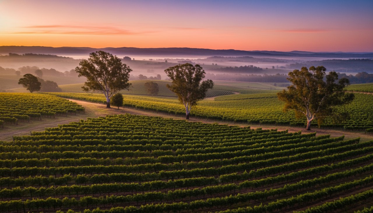 An epic panoramic drone photograph showcasing a vibrant Dixons Creek vineyard at sunrise, with golden light illuminating rows of grapevines leading towards rolling hills, captured through professional Dixons Creek drone vineyard photography.