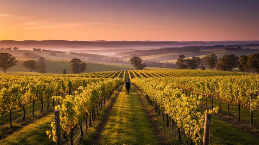 An evocative fine art photograph showcasing the golden hour light over rolling vineyards in Dixons Creek, Victoria, embodying Dixons Creek Fine Art Photography Capturing Yarra Valley Essence with a sense of timeless beauty and serene grandeur.