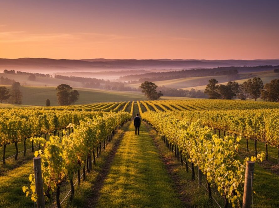 An evocative fine art photograph showcasing the golden hour light over rolling vineyards in Dixons Creek, Victoria, embodying Dixons Creek Fine Art Photography Capturing Yarra Valley Essence with a sense of timeless beauty and serene grandeur.