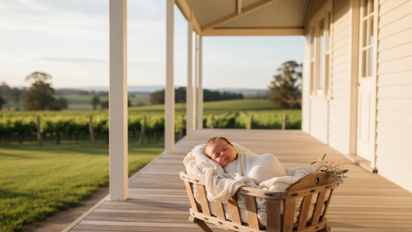 An artistic, wide-angle portrait of a newborn baby peacefully sleeping, swaddled in soft, earthy tones, nestled in a rustic wooden basket amidst the gentle, rolling hills and vineyards of Dixons Creek at golden hour, capturing Dixons Creek newborn photography serene moments. Soft, warm sunlight bathes the scene, highlighting delicate features and creating an ethereal glow.