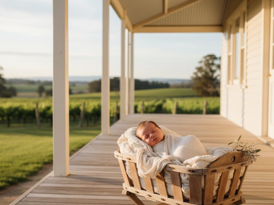 An artistic, wide-angle portrait of a newborn baby peacefully sleeping, swaddled in soft, earthy tones, nestled in a rustic wooden basket amidst the gentle, rolling hills and vineyards of Dixons Creek at golden hour, capturing Dixons Creek newborn photography serene moments. Soft, warm sunlight bathes the scene, highlighting delicate features and creating an ethereal glow.