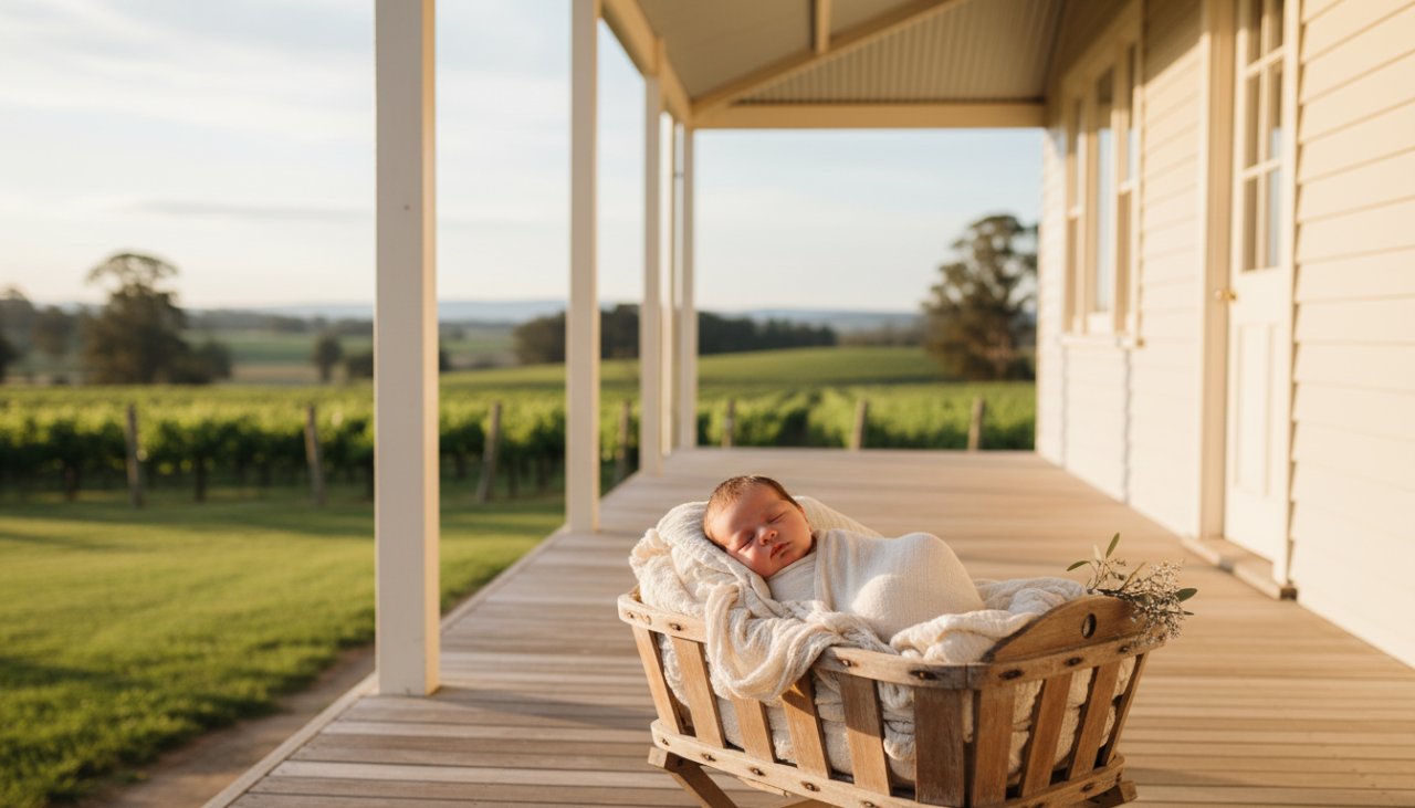 An artistic, wide-angle portrait of a newborn baby peacefully sleeping, swaddled in soft, earthy tones, nestled in a rustic wooden basket amidst the gentle, rolling hills and vineyards of Dixons Creek at golden hour, capturing Dixons Creek newborn photography serene moments. Soft, warm sunlight bathes the scene, highlighting delicate features and creating an ethereal glow.
